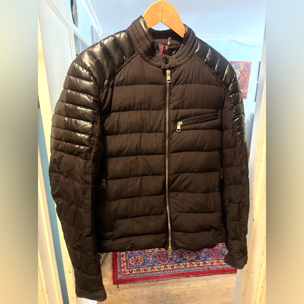 Moncler Black Quilted Puffer Jacket with Shiny Sleeve Panels
